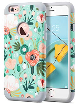 ULAK iPhone 6S Case, iPhone 6 Case, Slim Fit Dual Layer Soft Silicone & Hard Back Cover Bumper Protective Shock-Absorption & Skid-Proof Anti-Scratch Case for Apple iPhone 6 / 6S 4.7 inch, Mint Floral