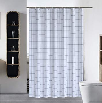Elegant Shower Curtain Liner for Bathroom Water Repellent Fabric Mildew Resistant Washable Cloth (Hotel Quality, Eco Friendly, Heavy Weight) with White Plastic Hooks - 72" x 72", Standard White Grid