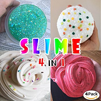 HSETIY Super Slime Kit - 4 Styles Slime（2.5 oz each,total 10oz） with Colorful Foam Balls, Gold sand Decoration, Pearl Decoration, Golden sand Glitter Shake Jars for DIY Slime