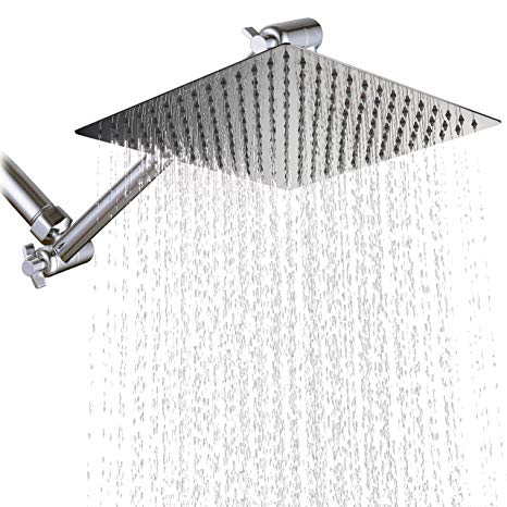 KiaRog 12 Inch (12'') Square Rain Shower Head With Brass 10 inch Adjustable Extension Shower Arm. 12-Inch Side,1/16'' Ultra Thin Showerheads.30 CM 30 CM Stainless Steel Shower, Polish Chrome