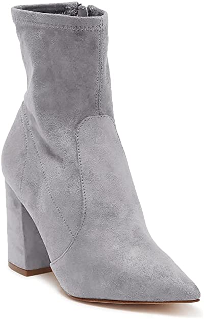 Chellysn Womens Pointed Toe Ankle Boots Chunky Block High Heel Side Zipper Mid Calf Booties
