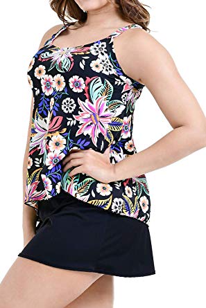 PERONA Plus Size Swimsuits Tummy Control Swimdress Two Piece Tankini Bathing Suit Floral Printed Swimwear for Women