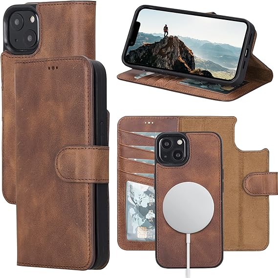 OXA Leather iPhone 13 Case Wallet, iPhone Leather Wallet Case Flip Cover with Card Holder, RFID Blocking, Detachable Leather Wallet Case with Kickstand and Card Slot, Compatible with Magsafe(Brown)