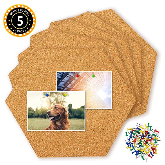HANGNUO 5 Pack Hexagon Cork Tiles Self Adhesive with 80 PCS Pushpins, Mini Wall Bulletin Boards for Pictures, Notes, Home Decor and Office Memo