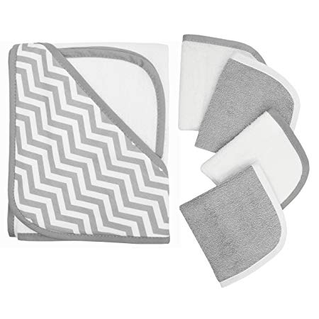 American Baby Company Hooded Terry Cloth Towel and 4 Piece Organic Cotton Washcloth Set, Grey Zigzag