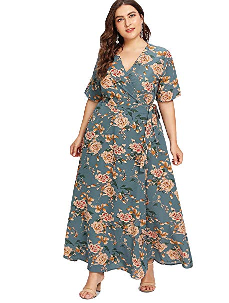 Romwe Women's Plus Size Floral Print Buttons Short Sleeve V Neck Flare Flowy Maxi Dress