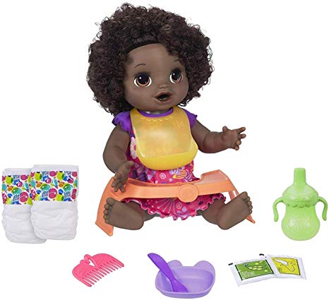 Baby Alive Happy Hungry Baby Black Curly Hair Doll, Makes 50  Sounds & Phrases, Eats & Poops, Drinks & Wets, for Kids Age 3 & Up