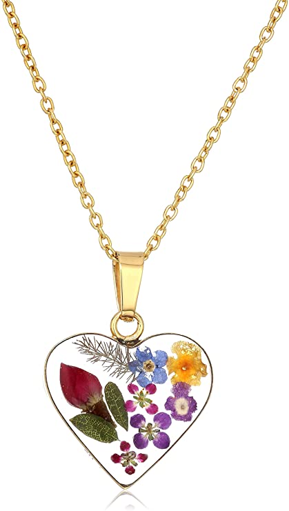 Sterling Silver Pressed Flower Heart Pendant Necklace, 16"