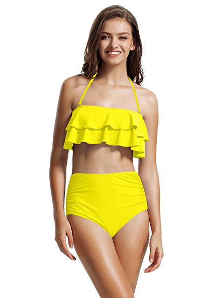 zeraca Women's Ruffle Bandeau High Waisted Bikini Bathing Suits