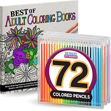 Adult Coloring Book Set (72 COLORED PENCILS INCLUDED) - Perfect for Men, Women, and Children - Stress Relieving Patterns, Animals, Mandalas, and More
