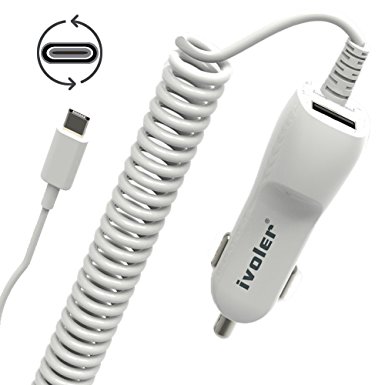 Type C Car Charger, iVoler 5.4A 2-Port USB Port Adapter with USB-C Coiled Cable for Nexus 6P/5X, LG G5, HTC 10, Lumia 950/950XL, Oneplus 2, Apple Macbook 12’’& More(White)