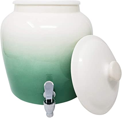 Premium Lead-Free Porcelain Beverage Dispenser With Matching Lid - 2.5 Gallons - Comes with Crock Ring Protector, No-Drip Chrome Painted BPA-Free Plastic Spigot Faucet and Lid - Gradient Green