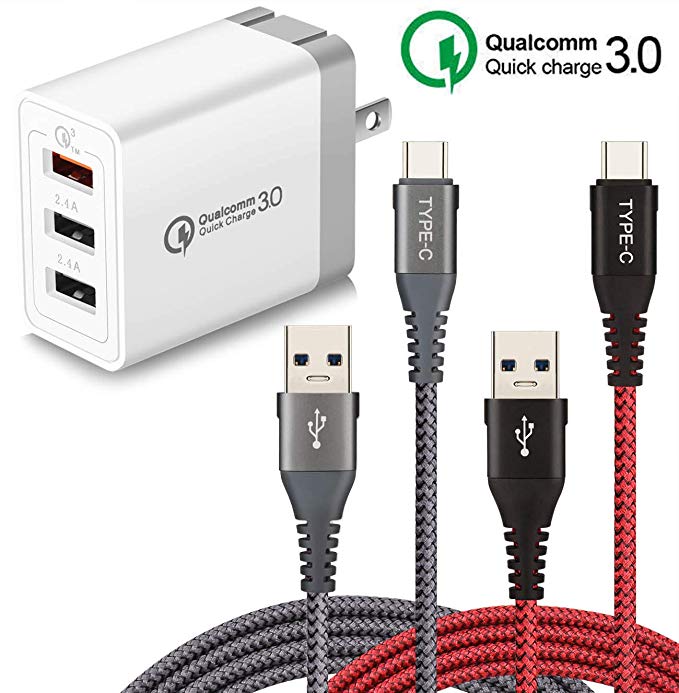 WITPRO Quick Charge 3.0 30W 3-Port Adaptive Fast Charger Adapter with USB C Charging Cable 6ft for Samsung Galaxy S10/S8/S9 Plus, Note 10/10 /8/9, LG G6/G7/G5, V20 V30 V40 (Red)