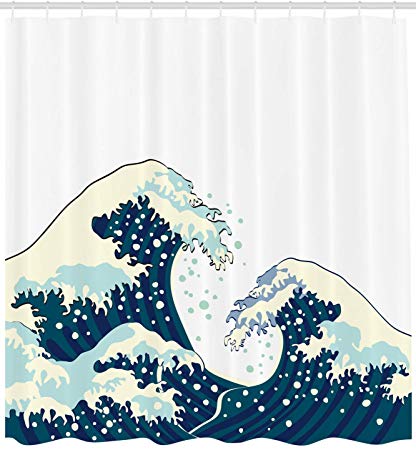 Ambesonne Waves Shower Curtain, Japanese Kanagawa Illustration Nautical Ocean Surfing Theme Aquatic Pattern, Cloth Fabric Bathroom Decor Set with Hooks, 84" Extra Long, White Navy