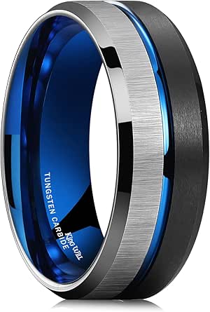 King Will LOOP Mens Women Tungsten Carbide Wedding Band 6mm/8mm Rose Gold Line Ring Black Silver Blue Brushed Gold Groove Tungsten rings Comfort Fit