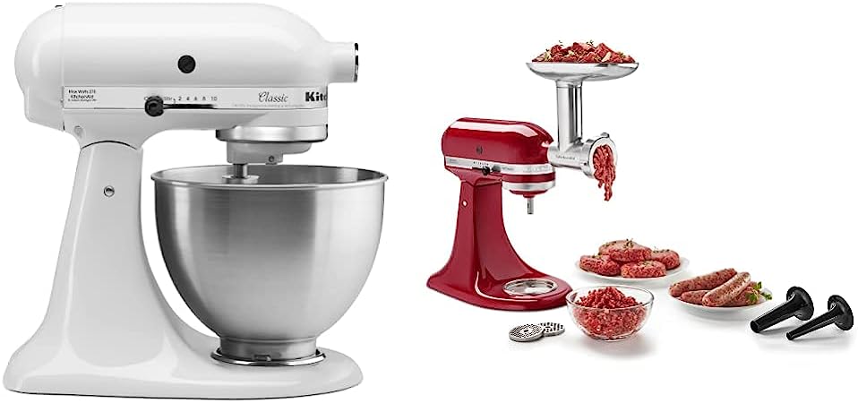 KitchenAid K45SSWH Stand Mixer, 4.5 Q, White & KSMMGA Metal Food Grinder Attachment, Silver