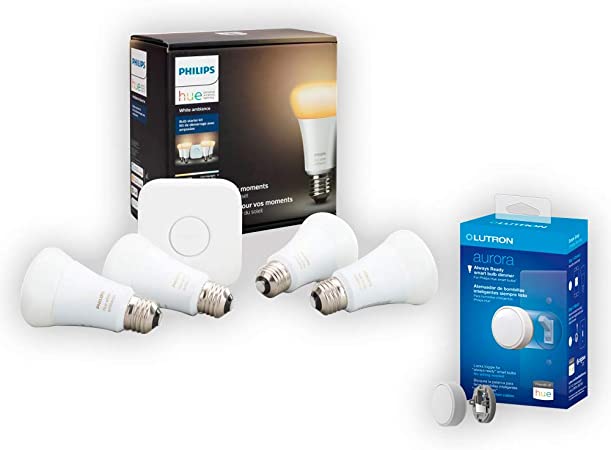 Philips Hue White Ambiance Smart Bulb Starter Kit (4 A19 Bulbs and 1 Hub Compatible with Alexa, Apple HomeKit, and Google Assistant) and Lutron Aurora Smart Bulb Dimmer