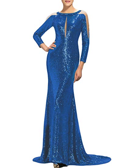 Sexy Sequined Evening Dress 2018 Long Sleeve Mermaid Prom Gown Unique Formal VKE18