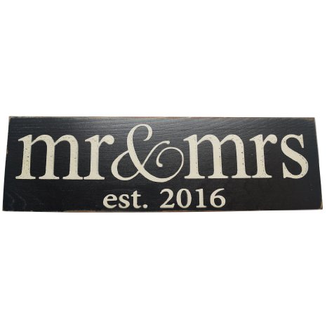 Mr & Mrs. Est 2016 Wedding Decoration Vintage Wood Sign Handmade Gift or NewlyWed Wall Decor -- SOLID PINE WOOD - UNIQUE WEDDING GIFT (Black)