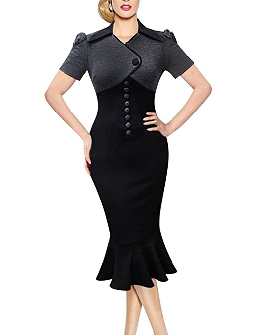 Sunblume Women's Vintage Fishtail Short Sleeve Slim Retro Evening Dress