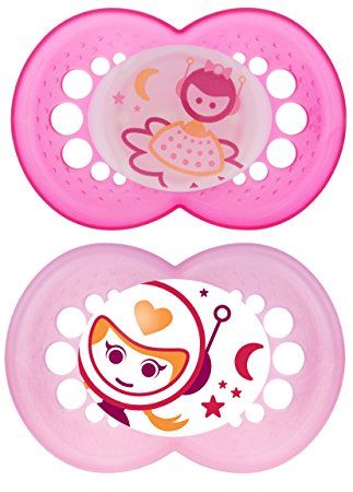 MAM Glow in the Dark Night Orthodontic Pacifier, Girl, 6  Months, 2-Count