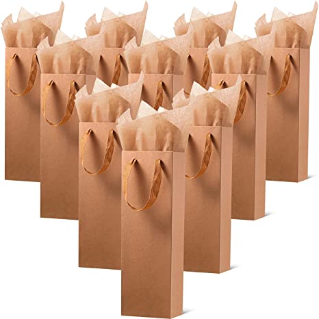 Kraft Wine Bag Paper Wine Bag, Wine Bottle Bag Holder with Handles with Kraft Tissue Paper Retail Wine Bag Bulk for Wedding, Party, 4 x 3.5 x 14 Inch (Brown Style,24 Pieces)