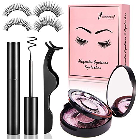 Magicfly Magnetic Eyeliner and Lashes Kit 4 PCS Full Dioverde False Magnetic Eyelashes with Eye Liner Natural Cosmetics Magnetic Lashliner Set Magnet Eyelashes With Mirror and Tweezers