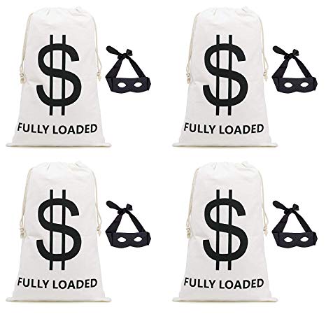 Halloween Money Sign Candy Bag Sack with Dollar Mark, Perfect for Kids, Teens Trick and Treat. (Money Bag 4 Pc With Masks)