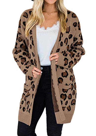 Women's Long Sleeve Open Front Leopard Print Cardigan with Pockets
