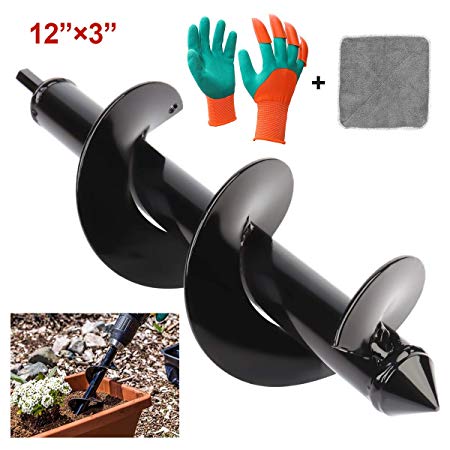 Auger Drill Bit, GOCHANGE Garden Planter, 3” x 12” Garden Plant Flower Bulb Auger with Garden Genie Gloves(One Side with Claw) and Clean Towel, Post Or Umbrella Hole Digger for 3/8” Hex Drive Drill
