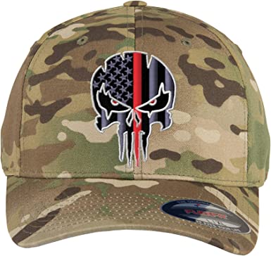 Thin RED LINE - Thin Blue LINE Spartan Helmet and Distressed Skull Flexfit Cap. Embroidered. 6277-6477 Flexfit