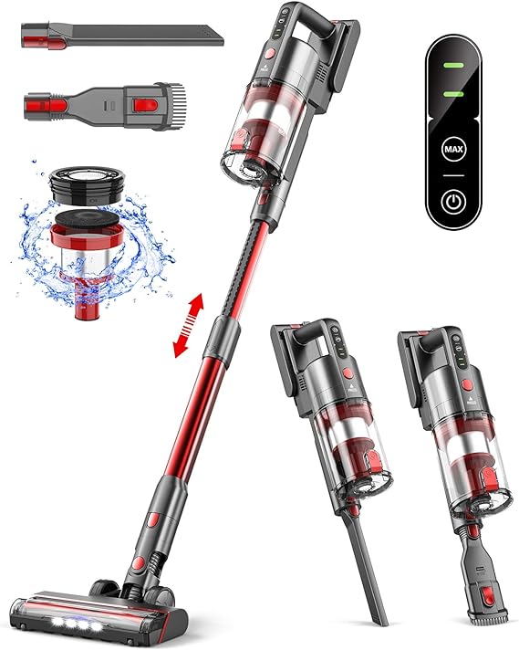 Fykee Cordless Vacuum Cleaner, 7 in 1 Cordless Vacuums with 35mins Runtime Detachable Battery and 1.2L Dust Cup, 85,000PRM Wireless Vacuum Cleaners has 2 Adjustable Suction Modes (Red)