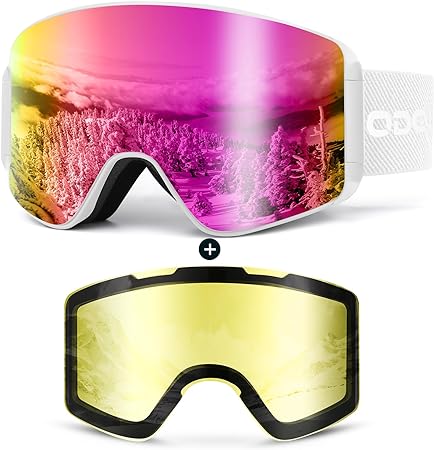 Odoland Ski Goggles Set with Detachable Lens, Frameless Interchangeable Lens, Anti-Fog Snow Goggles for Adult Men Women