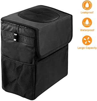 mixigoo Car Trash Garbage Can Bag - 12L Large Capacity Car Trash Can Bin with Lid and Storage Pockets Leak-Proof … (12L)