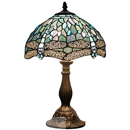 Tiffany Lamp With Sea Blue Stained Glass and Crystal Bead Dragonfly Table Lamp In Height 18 Inch For Living Room