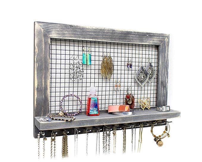 Extra Large Rustic Wood Jewelry Organizer for Earrings/Necklaces/Bracelets/Accessories (Large Rustic - Rods)