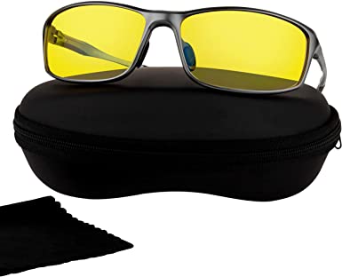 Aluminum Night Driving Glasses Anti Glare Polarized - Night Vision Glasses for Driving Biking Fishing | Yellow Tint Polarized Lens Night Glasses for Men & Women, Aluminum Frame | Case   Cloth Included