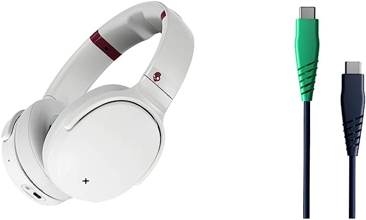 Skullcandy Venue Wireless ANC Over-Ear Headphone - White/Crimson with Line Round Charging Cable, USB-C to USB-C - Dark Blue/Green, 4ft