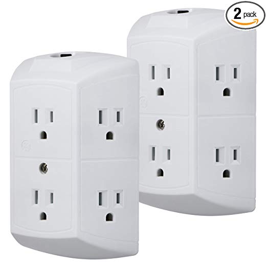 GE 6-Outlet Wall Tap, 2 Pack, Reset Button, Circuit Breaker, Power Extender, Adapter Spaced, 3 Prong Plug, Grounded, UL Listed, White, 46854