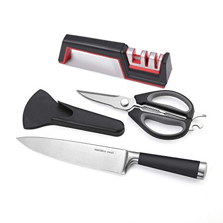 To encounter Kitchen Knife Sharpener Scissors Sharpener 3 Stage Sharpening Kitchen 8 Inch Chef Knife 8 in 1 Cooking Scissors For Meats Vegetables with Protective Case Nut Cracker Bottle Opener