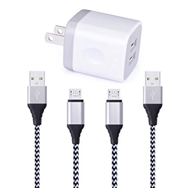 6ft Micro USB Cable, 2.1A Dual USB Wall Charger, HUHUTA 5V 2-Port USB Charger with 2 Pack Syncing and Charging Cable Cords for Samsung Galaxy S7 S6 edge, Motorola, LG, HTC and more Android smartphone
