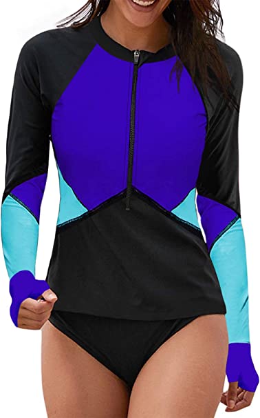 Asvivid Womens Color Block Zip Front Swimsuit Beach Long Sleeve Rashguard One Piece Swimwear/Surf Suits Top