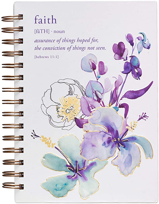 Christian Art Gifts Large Hardcover Notebook/Journal Faith Purple Watercolor Flowers – Hebrews 11:1 Bible Verse Inspirational Wire Bound Spiral Notebook w/192 Lined Pages, 6” x 8.25”