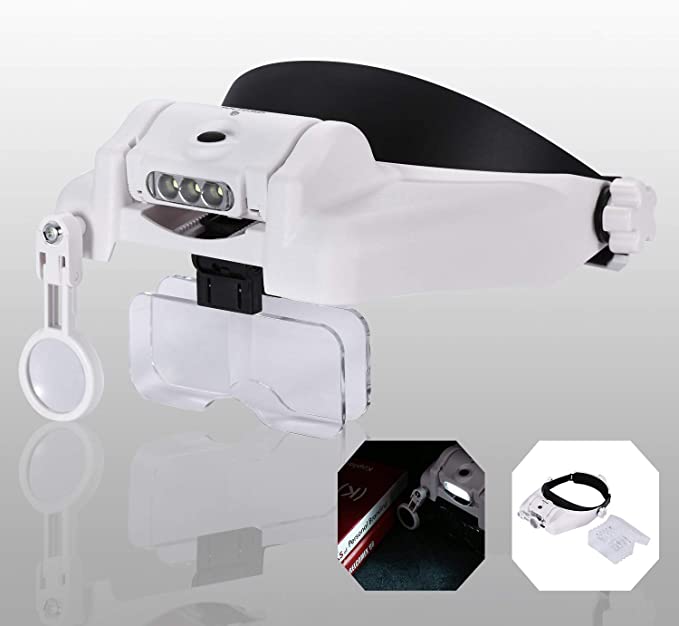 YOCTOSUN LED Light Hands Free Magnifier, Rechargeable Headband Illuminated Magnifier Visor -1X to 14X Zooms Headset Head Mounted Magnifying Glasses with Lights