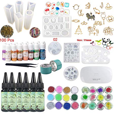 UV Epoxy Resin Kit 180ml with Silicone Molds & Bezels & Pigment & Decorations & Lamp & Tweezers, Transparent Crystal Clear No Mixing, Jewelry Making Starter Kit for Resin Crafts
