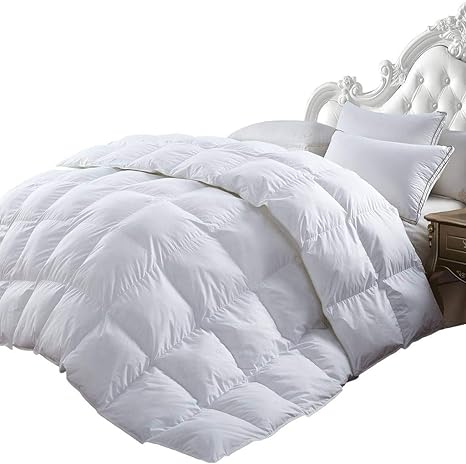 Luxurious 1200 Thread-Count Full- Queen Size Siberian Goose Down Comforter, White Solid, 100% Egyptian Cotton 750FP, 50Oz