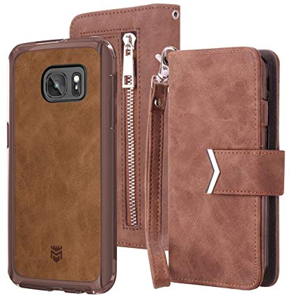 Majesticase Samsung Galaxy S7 Edge Wallet Case Premium Suede Leather Wristlet & Detachable Removable Magnetic Hybrid Protective Shell Cover & Back Zipper   Removable Strap - Vintage Brown