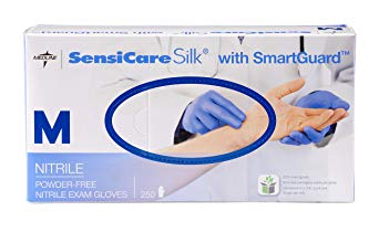 Medline SensiCare Silk Nitrile Exam Gloves, Disposable Gloves with Smartguard Film, Medium, Blue (Pack of 250)