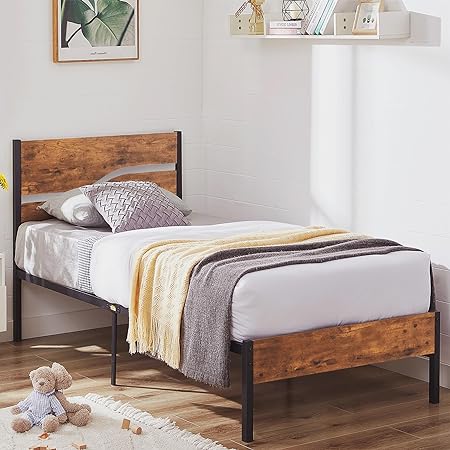 VECELO Twin Platform Bed Frame with Rustic Wood Headboard, Strong Metal Slats Support No Box Spring Needed, Easy Assembly