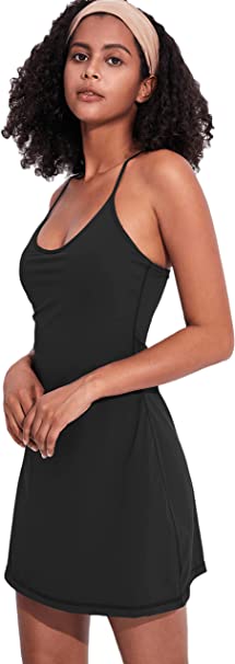 Women's Exercise Workout Dress with Built-in Bra & Shorts Sleeveless Tennis Golf Athletic Dress with Pockets